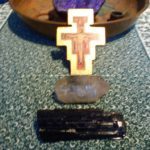 Pyramid orgonite Mea Culpa, with beeswax, metals, ancient and legal coins, Laser quartz, black tormalin, and a crucifix