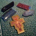 Pyramid orgonite Mea Culpa, with beeswax, metals, ancient and legal coins, Laser quartz, black tormalin, and a crucifix