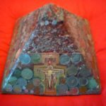 Pyramid orgonite Mea Culpa, with beeswax, metals, ancient and legal coins, Laser quartz, black tormalin, and a crucifix